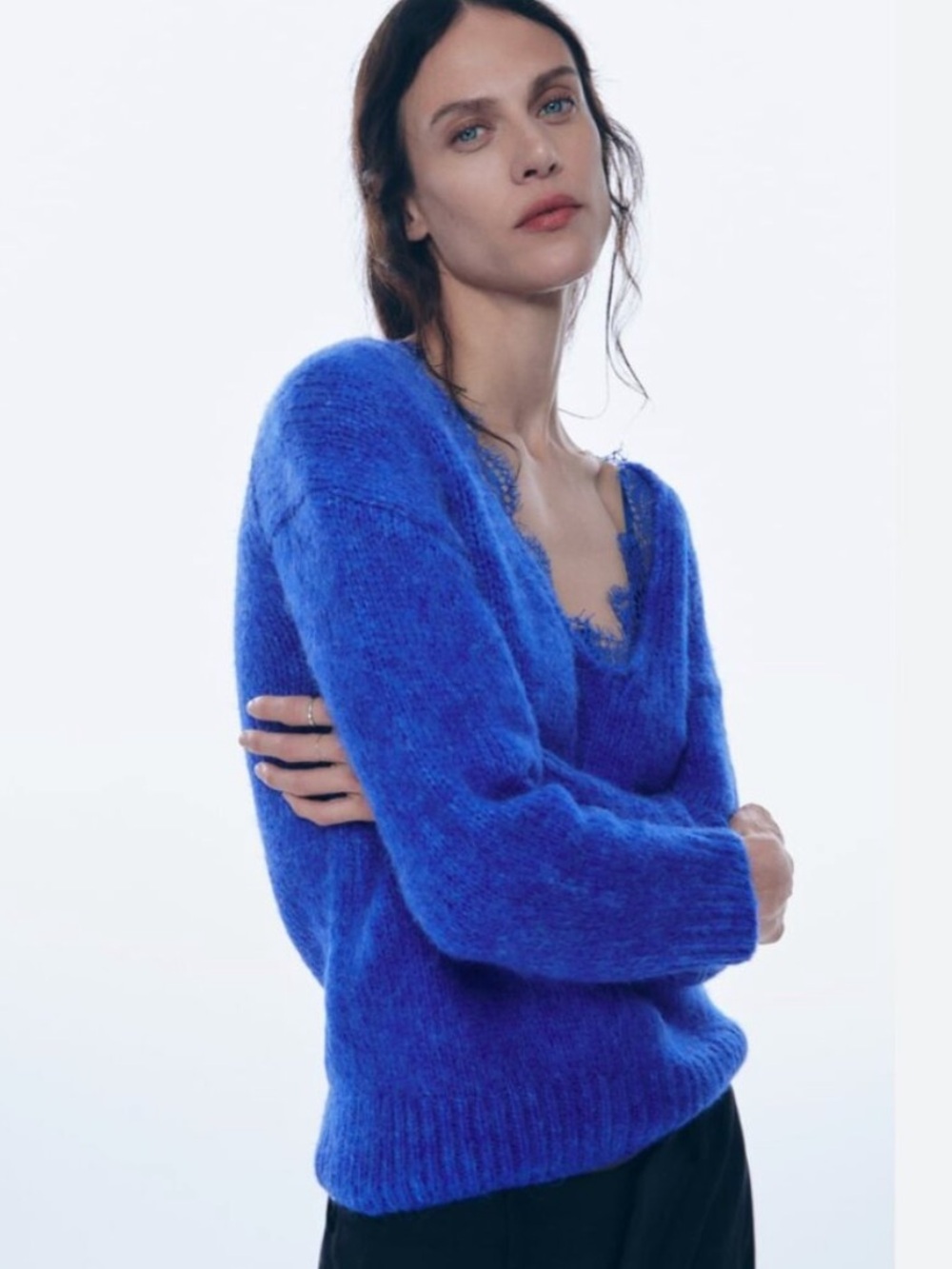 ZARA Lace Trim Knit Sweater Royal Blue S, Worn Once